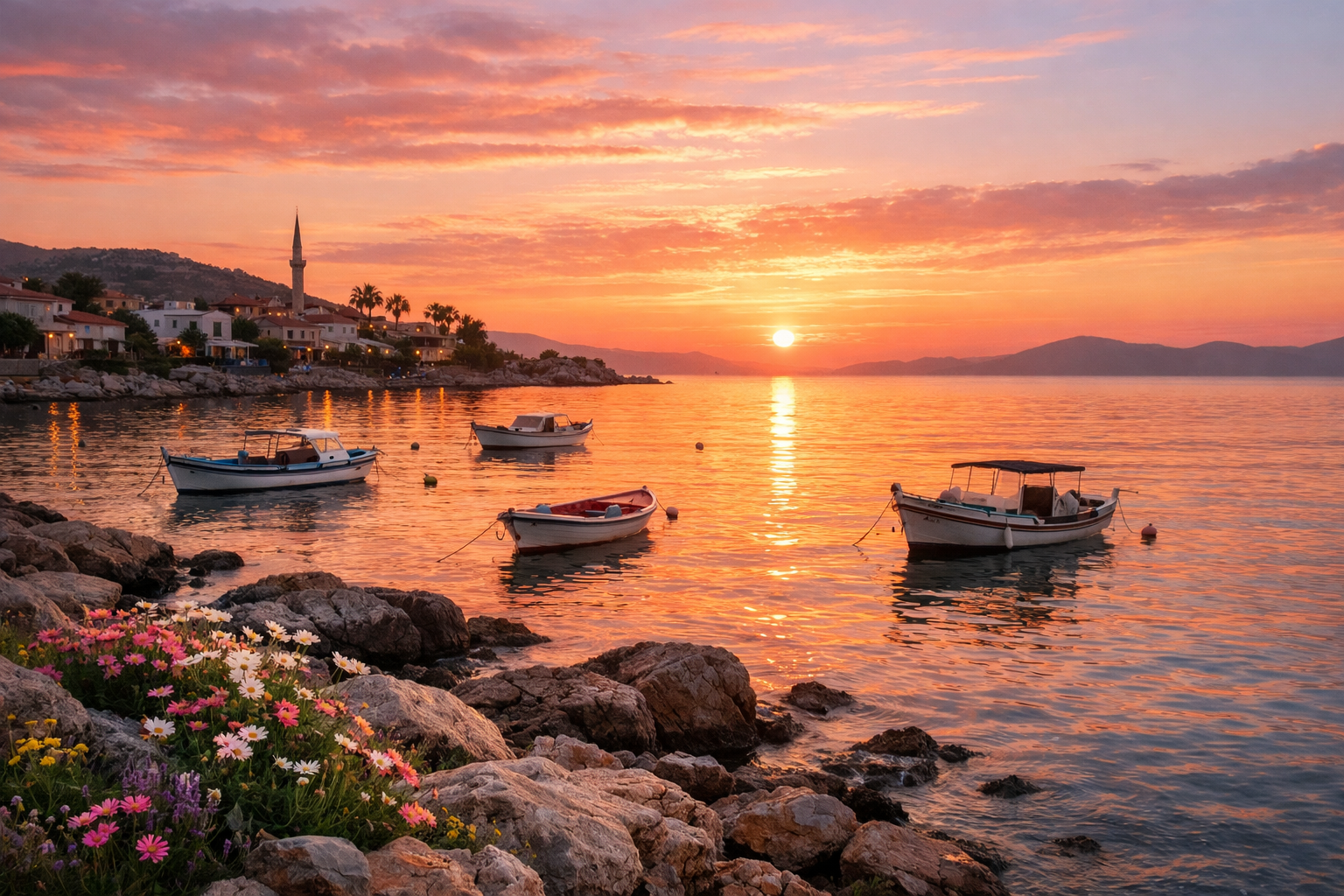 Ege kiyilarinda gunbatimi manzarasi